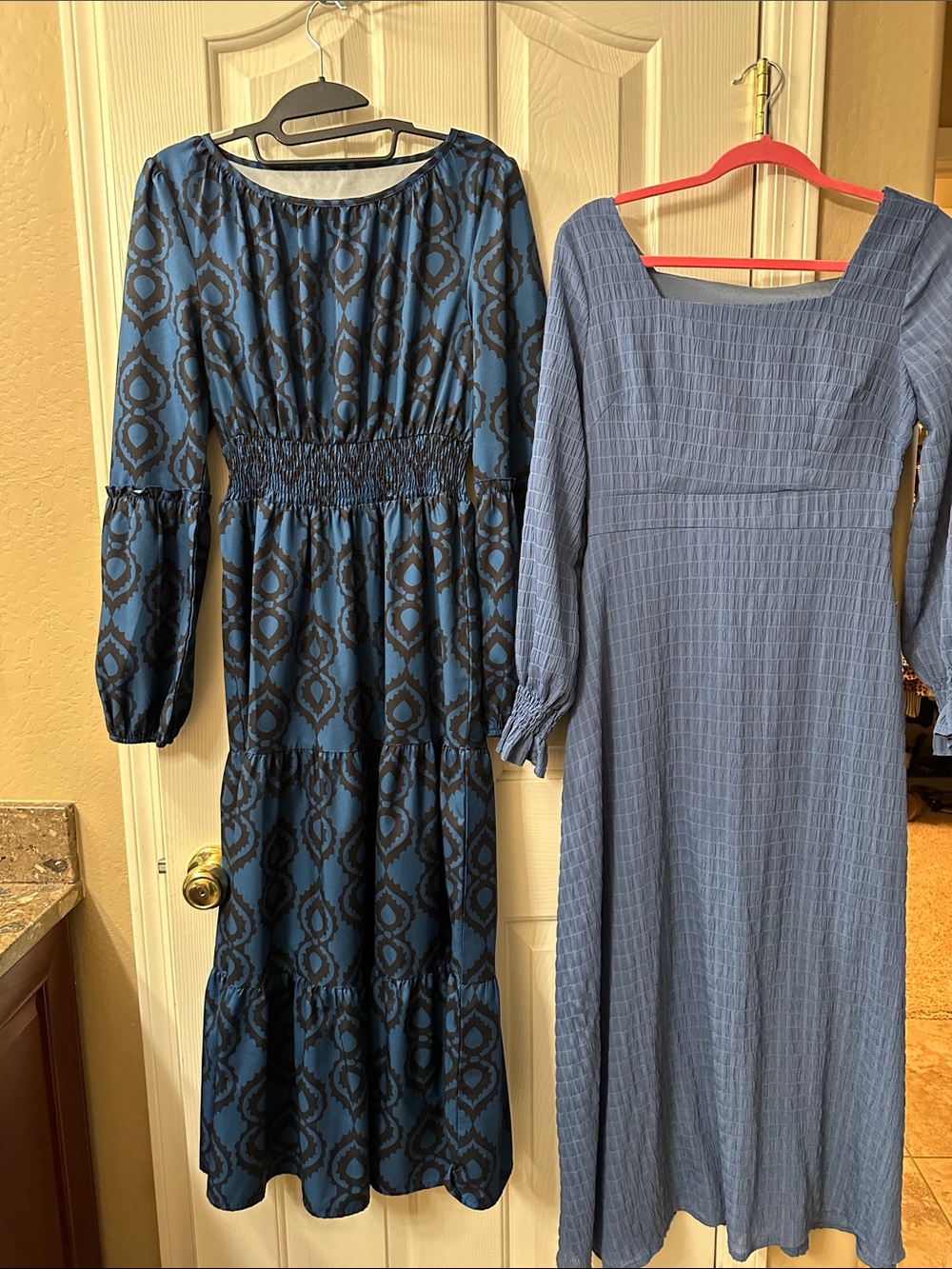 Blue Patterned Long Sleeve Midi Dress - Unbranded